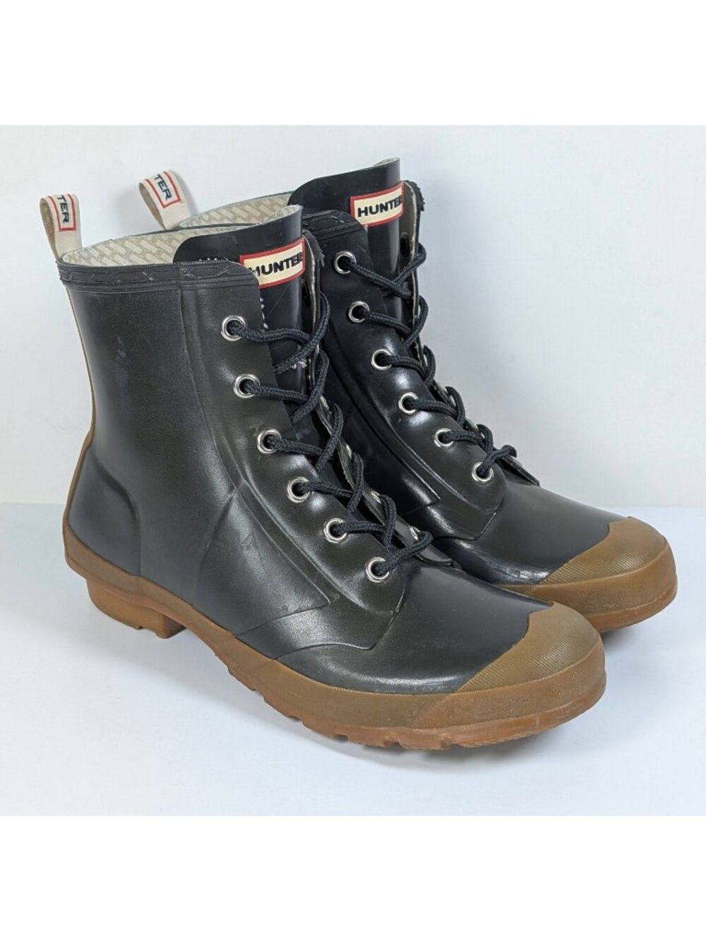 Hunter Brixen Thurloe Combat Rubber Lace Up Short Rain Boots Green Tan Women's 8